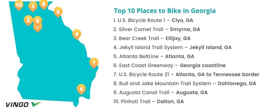 Graphical map of the top 10 bike trails in Georgia. 