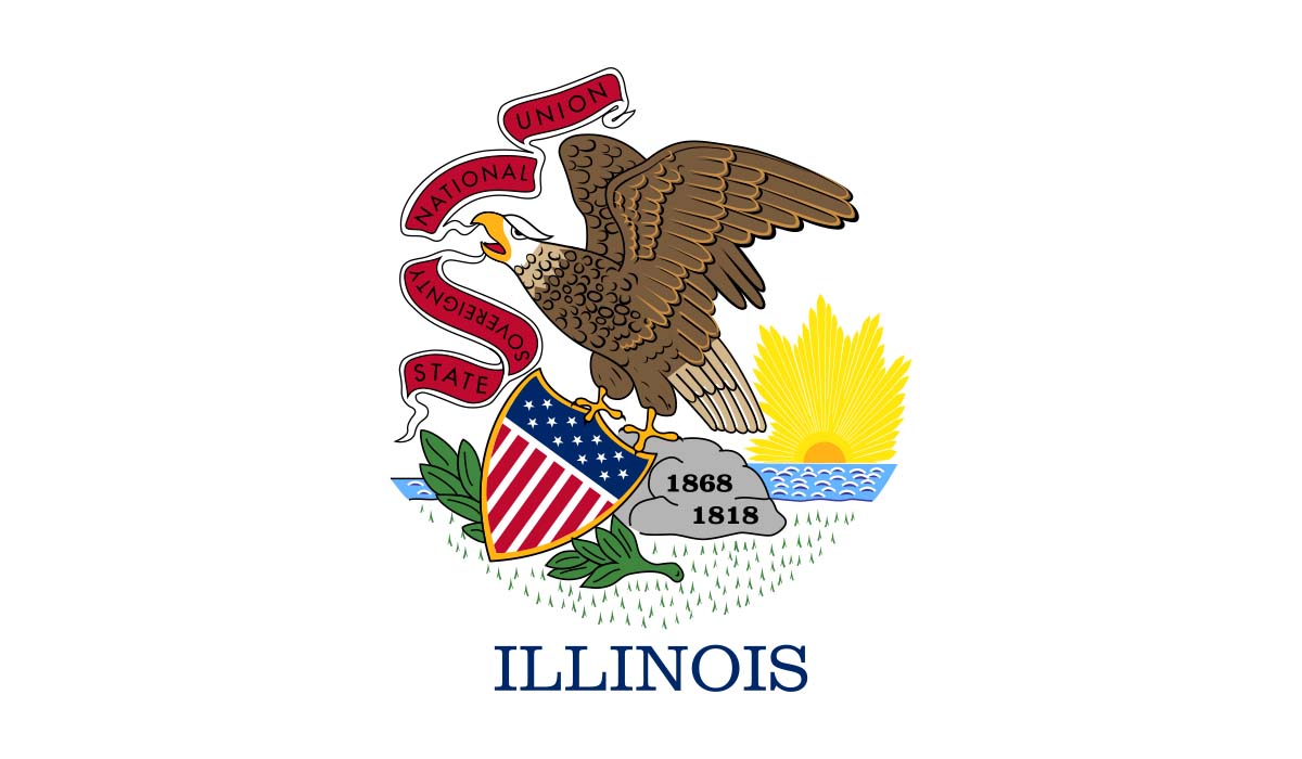 Close up of the Illinois flag with its states icon of the eagle. 