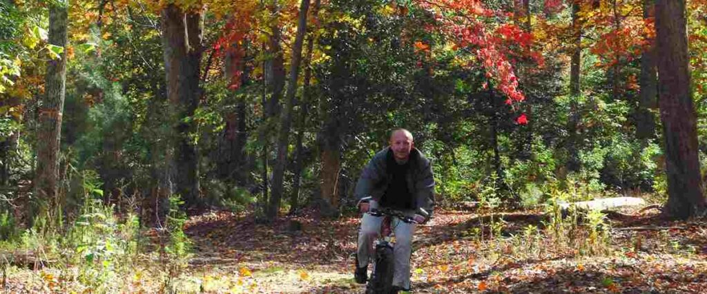 View of a cyclists in a wooded bike trial during the fall with a variety of leave colors. 
