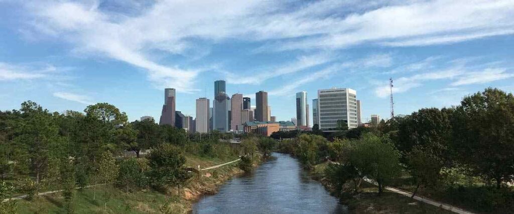 View of Downtown Houston from Rosemont Bridge (near Montrose Boulevard) in Buffalo Bayou Park.