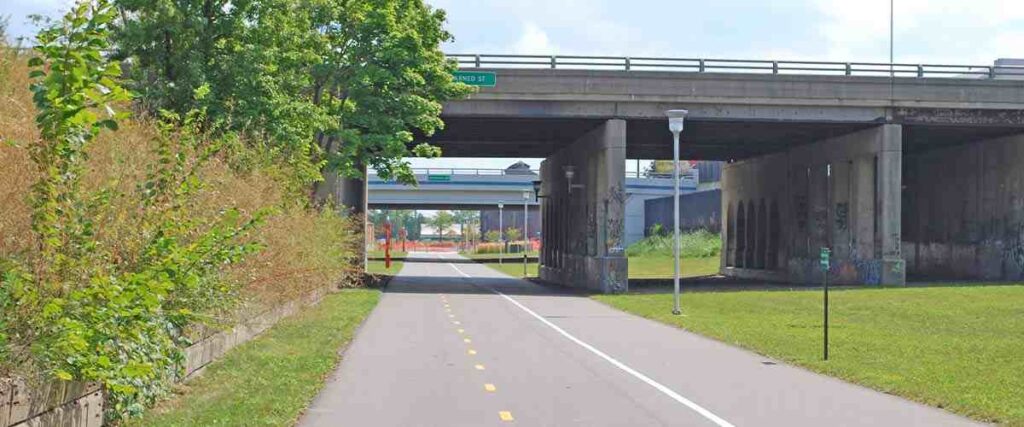 View of Dequindre Cut Detroit Greenway path next to the highway