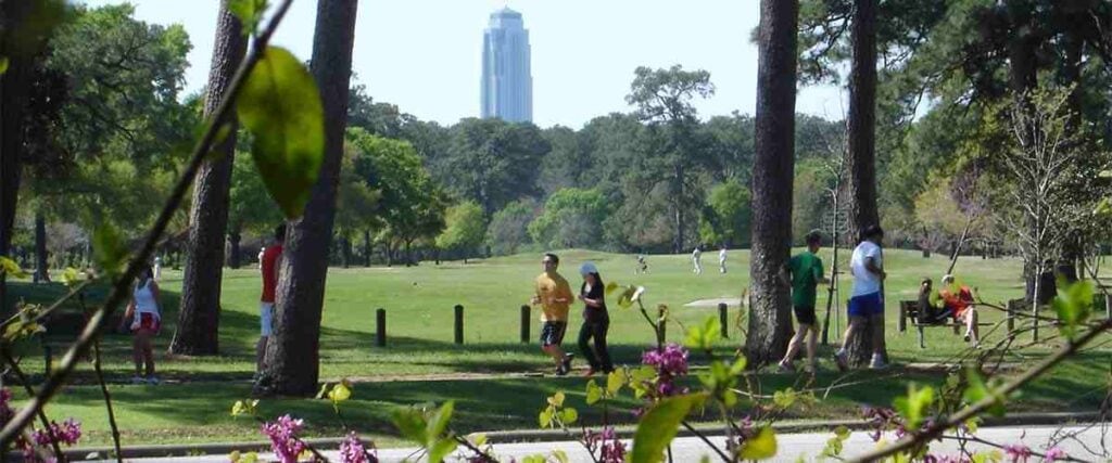People running in Memorial Park in Houston, Texas.