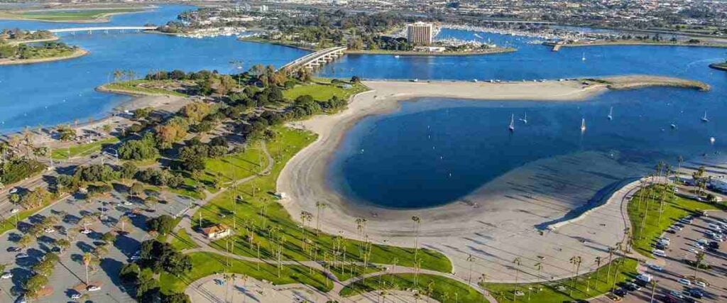 Aerial view of Mission Bay & beaches in San Diego, California, USA.