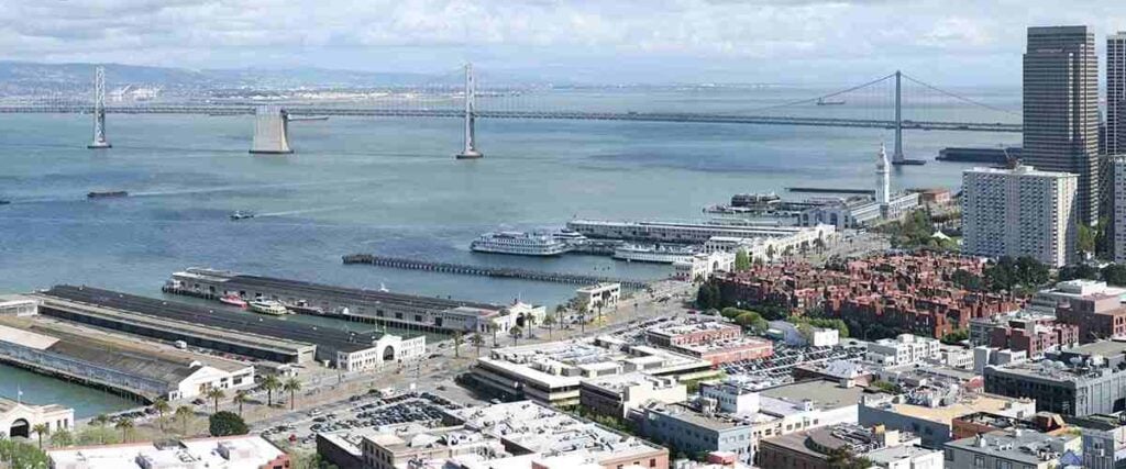 Embarcadero from Coit Tower in San Francisco. With piers 1 through 19.