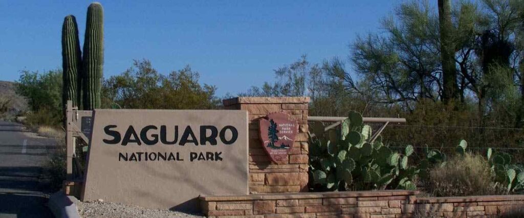 The entrance to Saguaro National Monument, Rincon District, on the east side of Tucson, AZ.