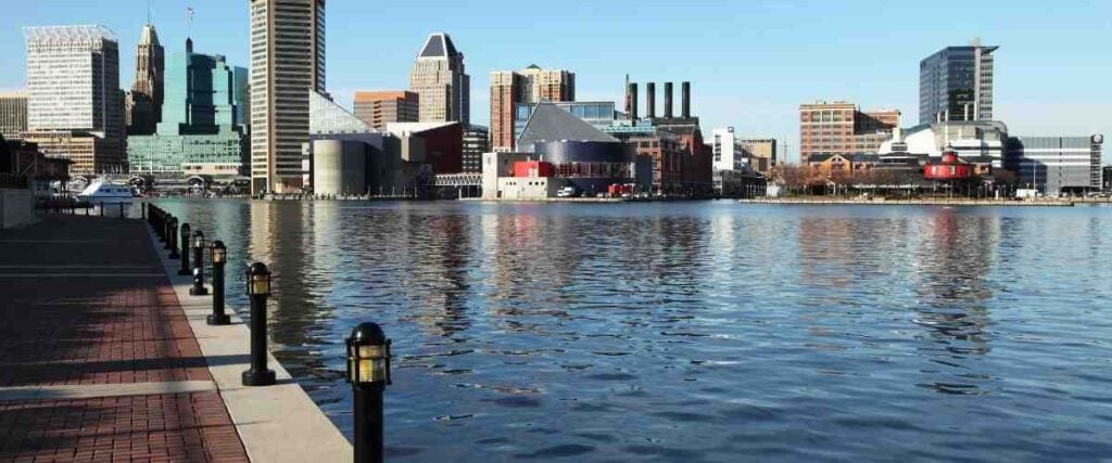 View of Baltimore skyline on the Baltimore Waterfront Promenade. 