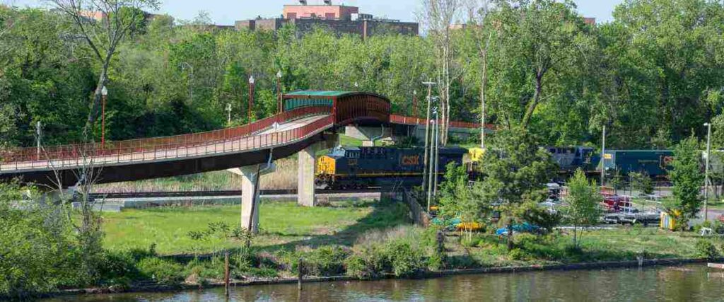 Bridge on the Anacostia River Trail with a train. 