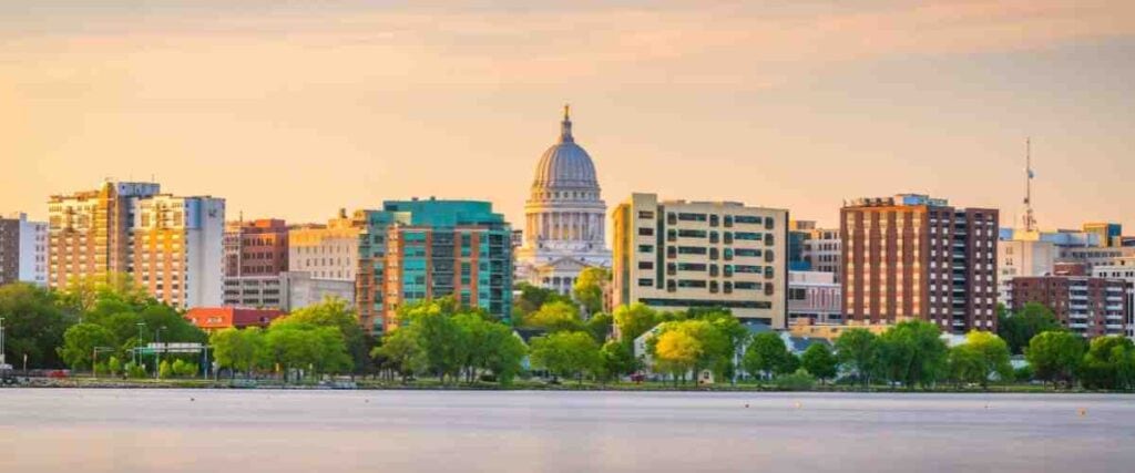 View of downtown Madison and its skyline at sunset. 
