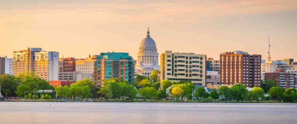View of downtown Madison and its skyline at sunset.