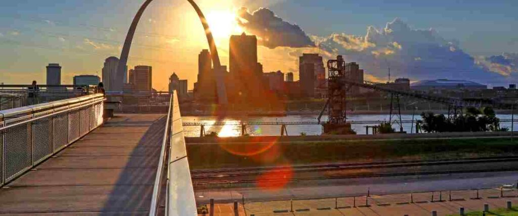 View of downtown St. Louis at sunset on the St. Louis Riverfront Trail.