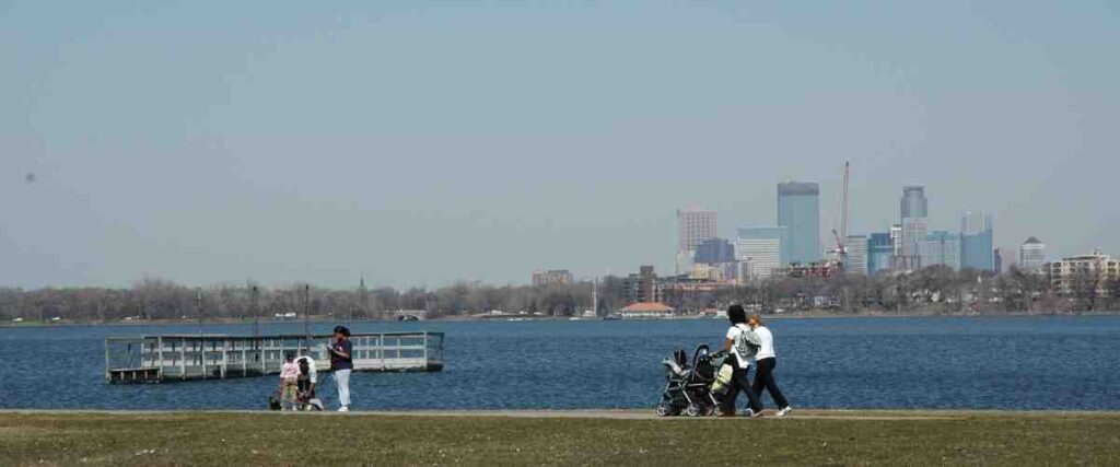 View of Minneapolis skyline from bike path. 