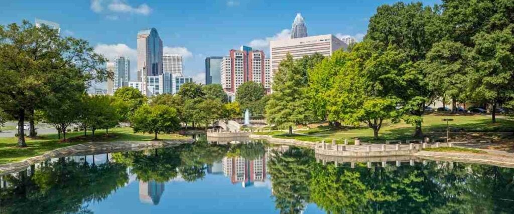 View of downtown Charlotte at a park. 