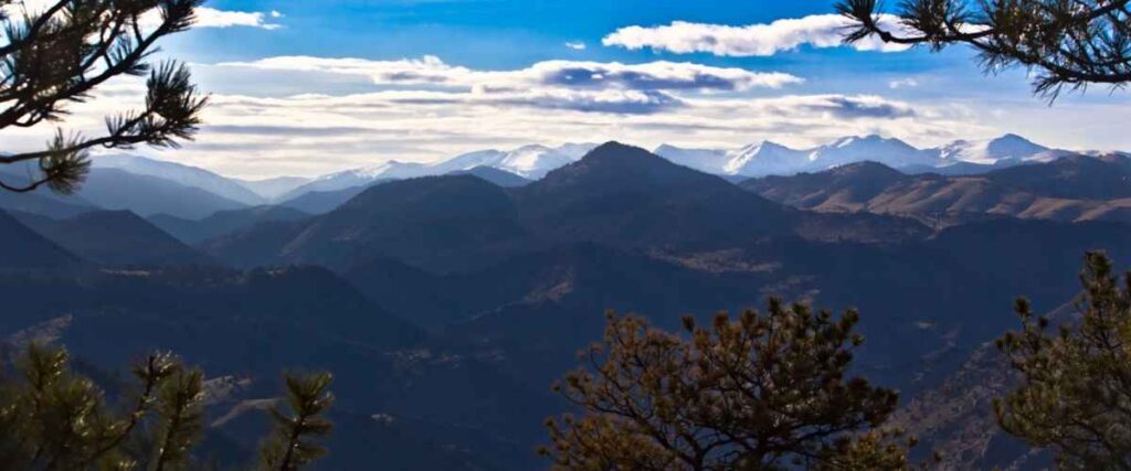 Westward view of the Rocky Mountains from Lookout Mountain in Golden, Colorado.
