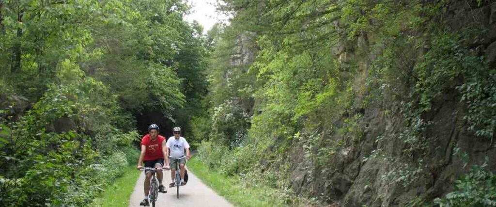 Two cyclists on trail. 