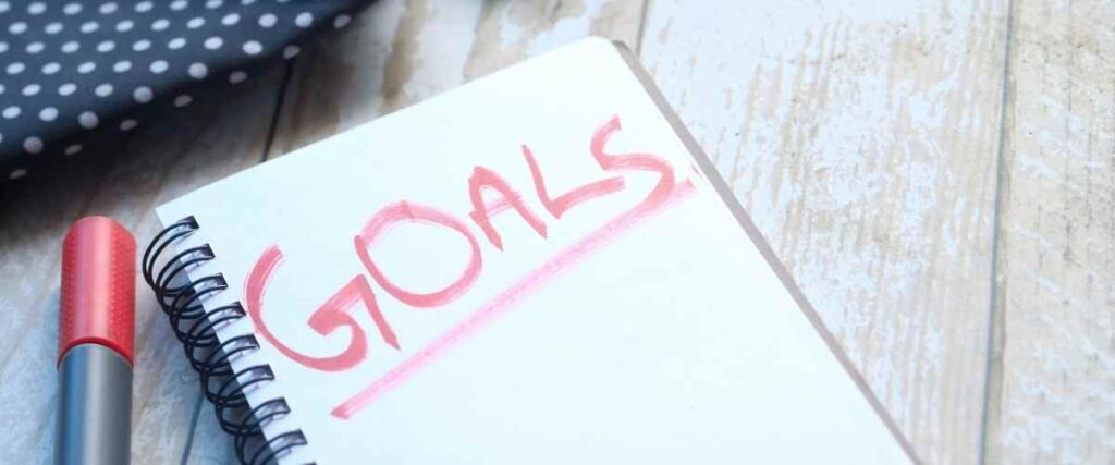 Goals written with a red marker in notebook.
