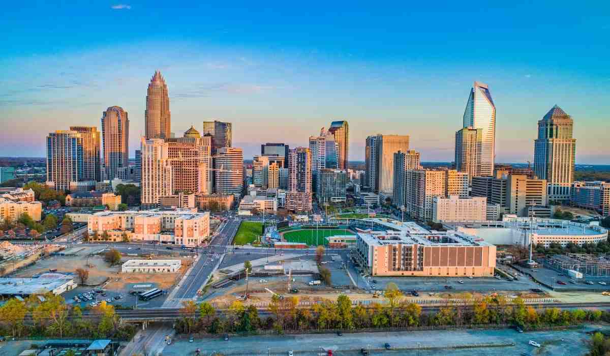 Downtown Charlotte at sunset.