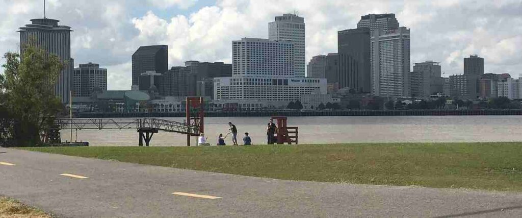 Bike path with view of downtown New Orleans, LA.