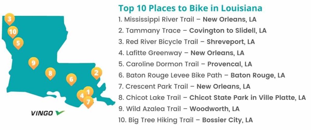 Graphic map of the top 10 bike trails in Louisiana . 