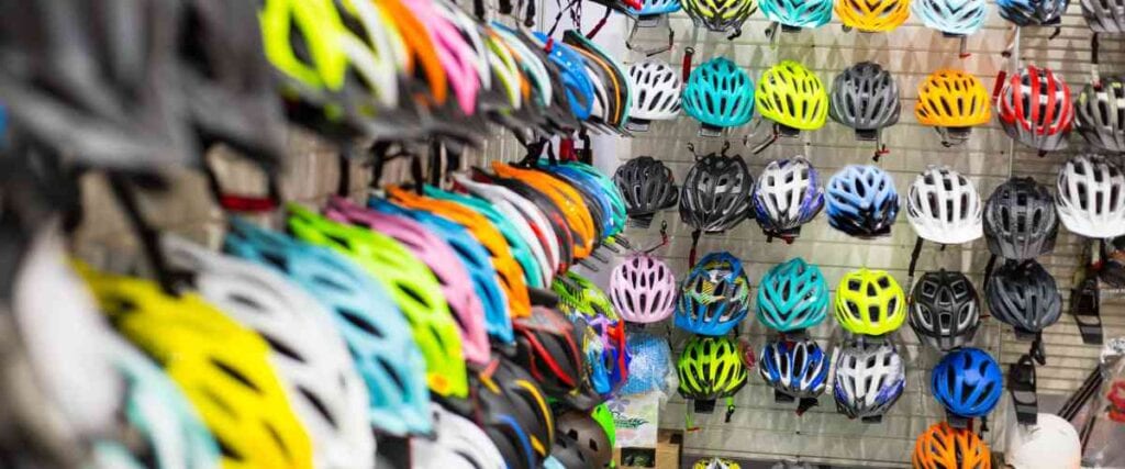 Helmets at a bike shop.