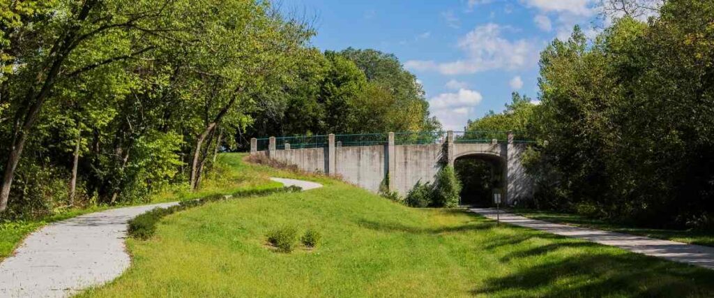 Paved bike trail and bridge.