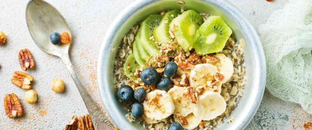 Close up of oatmeal and fruit. 