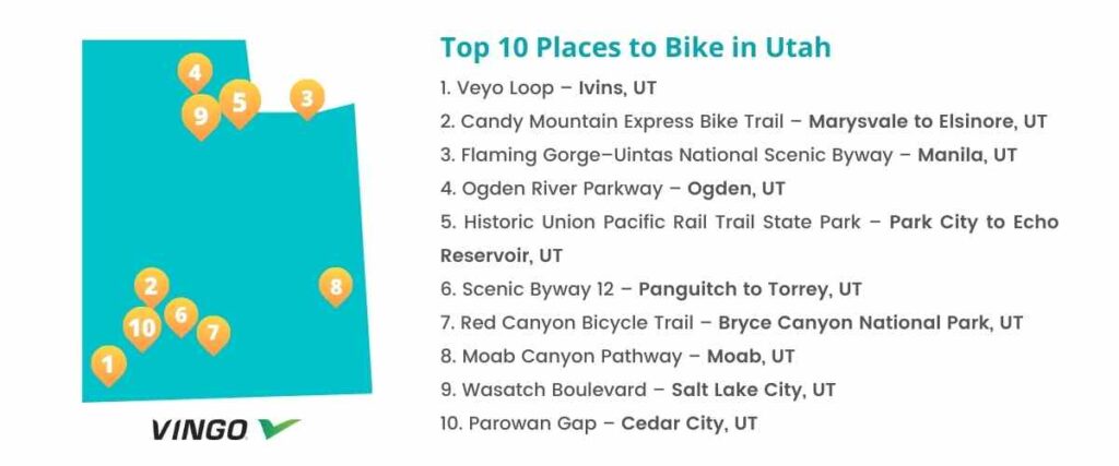 Map of top 10 trails to bike in Utah. 