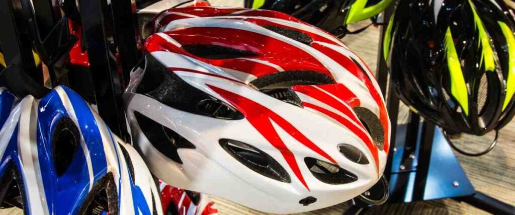 Close-up of helmets in a bike store