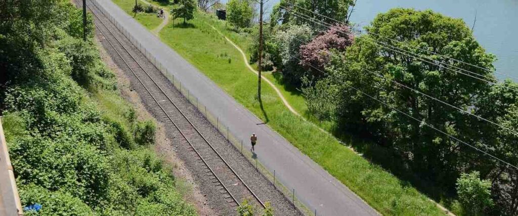 View of Springwater Corridor - a railroad track next to a paved path.