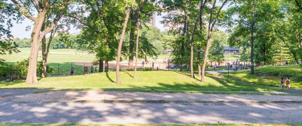 View of park with a playground and multiple trails. 