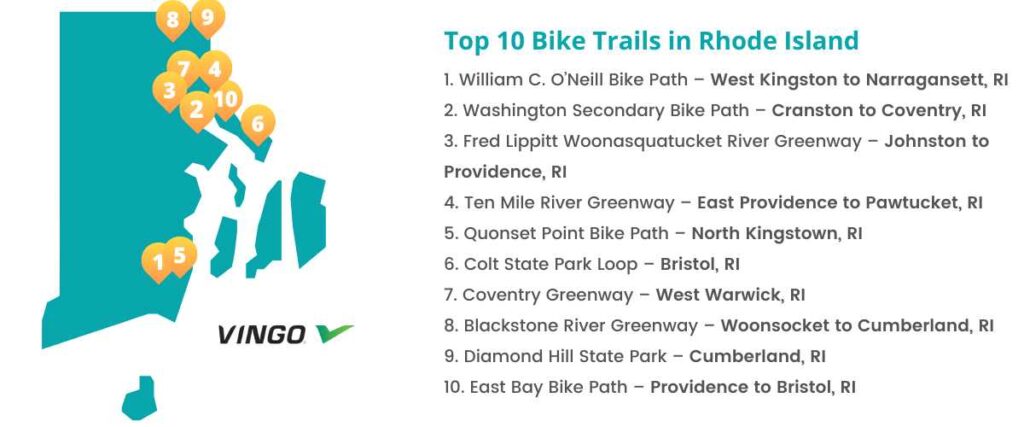 Map of bike trails in Rhode Island.