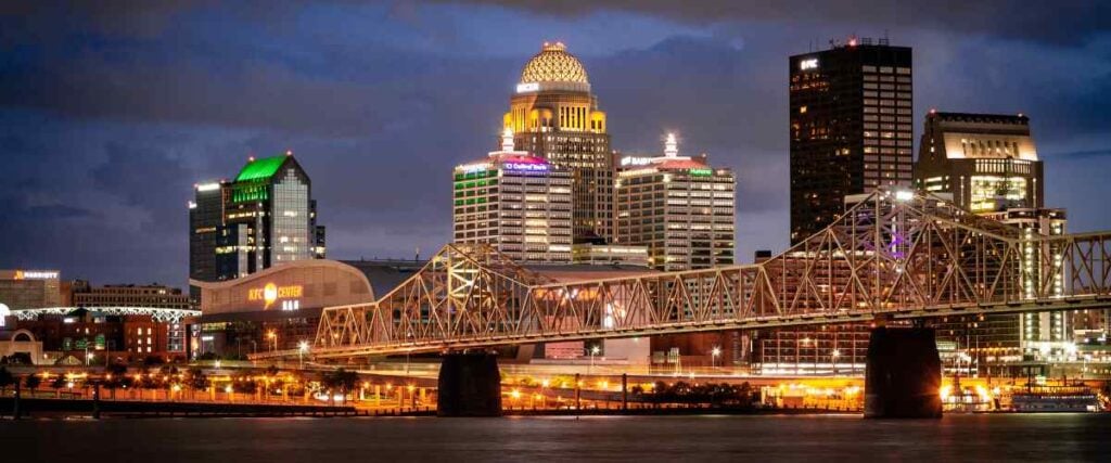 Downtown Louisville Riverwalk at night. 