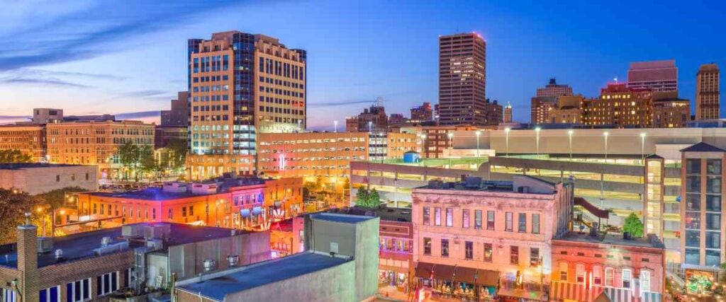 Downtown Memphis at night with the bright city lights. 