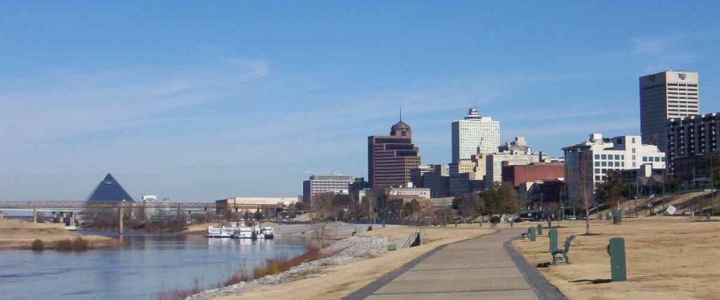 View of the Riverbluff Walkway and the skyline of downtown Memphis.