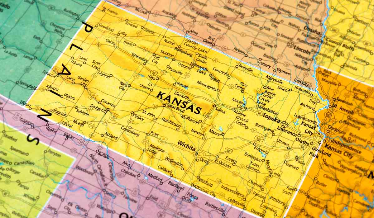 Close up of a map of the state of Kansas.