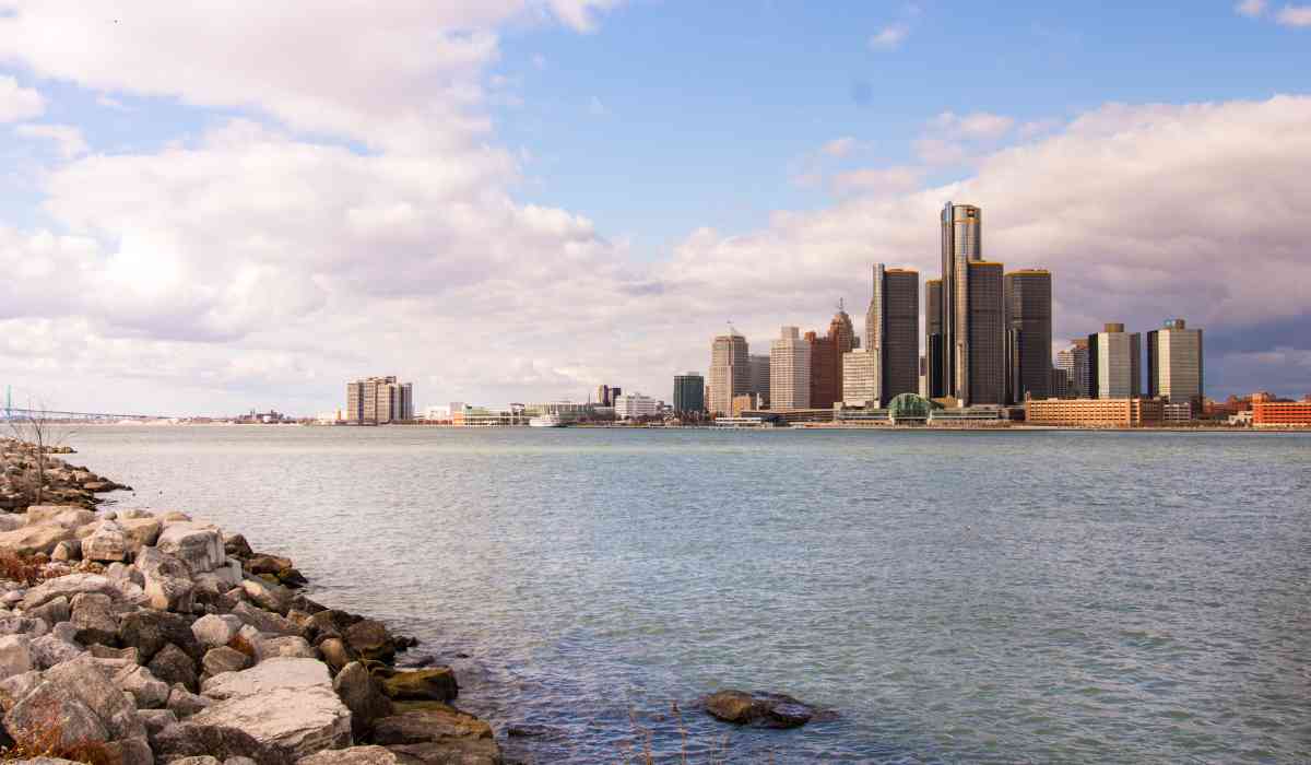 View of downtown Detroit skyline from across the lake. 