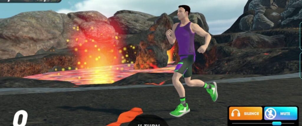A male avatar running next to a volcano in Vingo. 