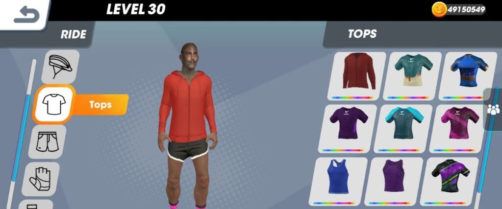 A male avatar in the Ving fitness app locker room picking out running clothes. 