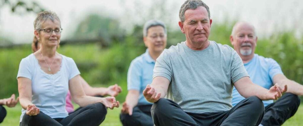 A group of older adults in a field mediating. 