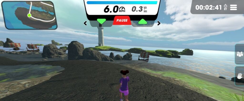 A female avatar running on the Seacoast Sands route in Vingo. 