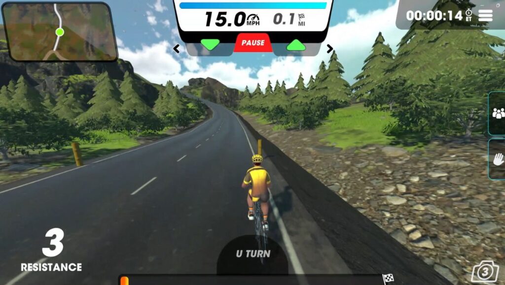 View of male cyclists avatar on the Forest & Fire route, starting with a forest. 