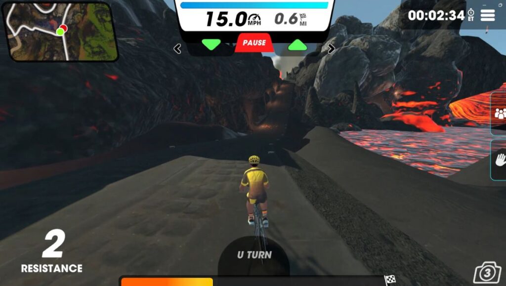 View of male cyclists avatar on the Forest & Fire route, on a route towards an active volcano. 