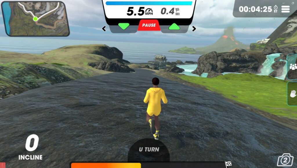 Male running avatar starting out on the Hot Spring Bend route with a waterfall in the distance.