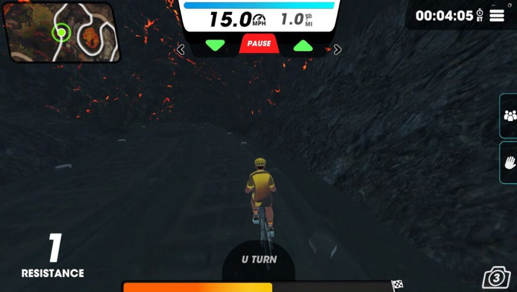 View of male cyclists avatar on the Forest & Fire route, on a route in a volcano cave. 