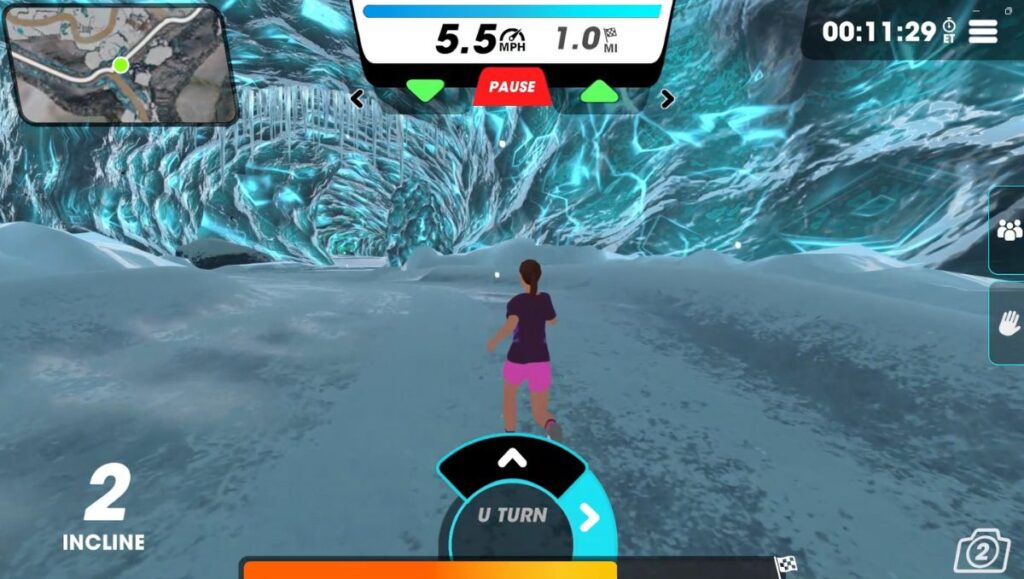 Female running avatar in Vingo running on the Ice Stomp trail while running in an ice cave. 