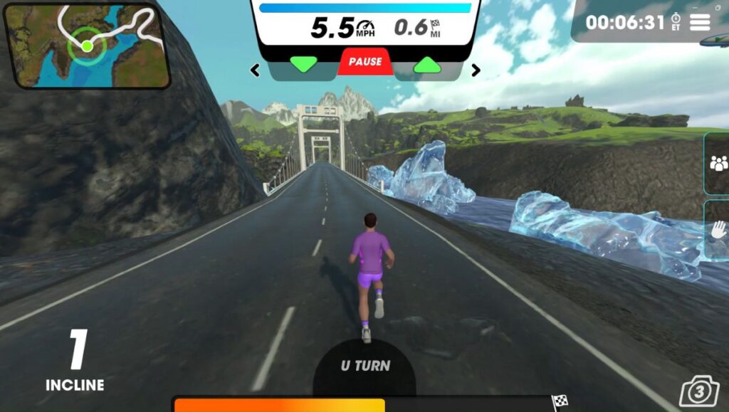 Male running avatar on the Lakefront Junction route in Vingo about to cross a bridge with big glaciers. 