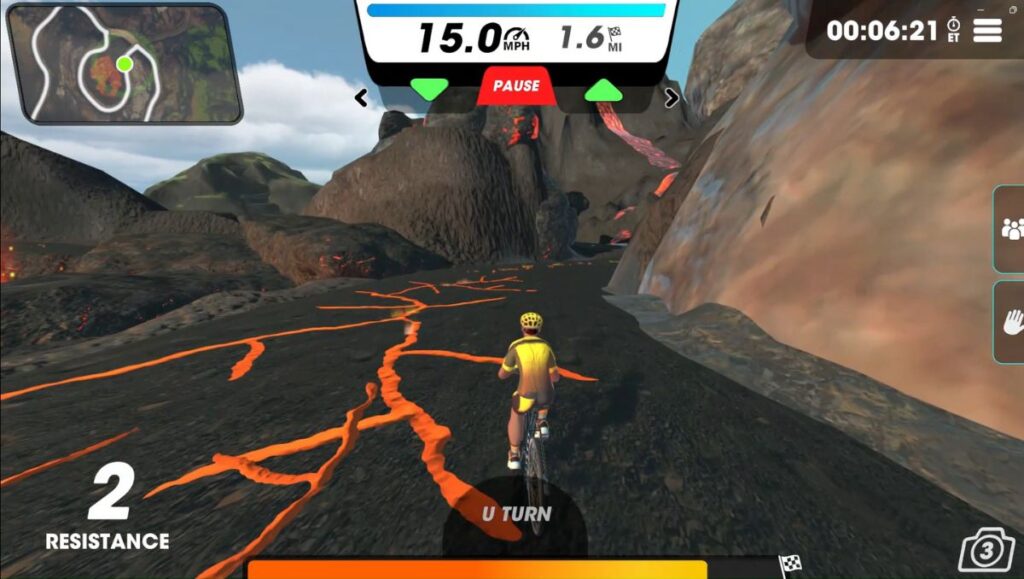 View of male cyclists avatar on the Forest & Fire route, on a route with cracks of lava on the path.