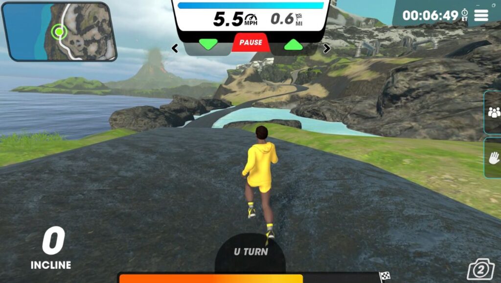 Male running avatar starting out on the Hot Spring Bend route with a water plant next to a mountain and spring. 