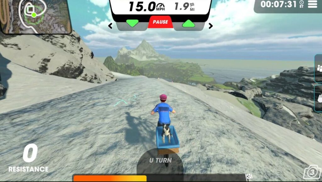 View of cycling avatar on the Hilltop Spiral route in Vingo with mountains in the horizon.