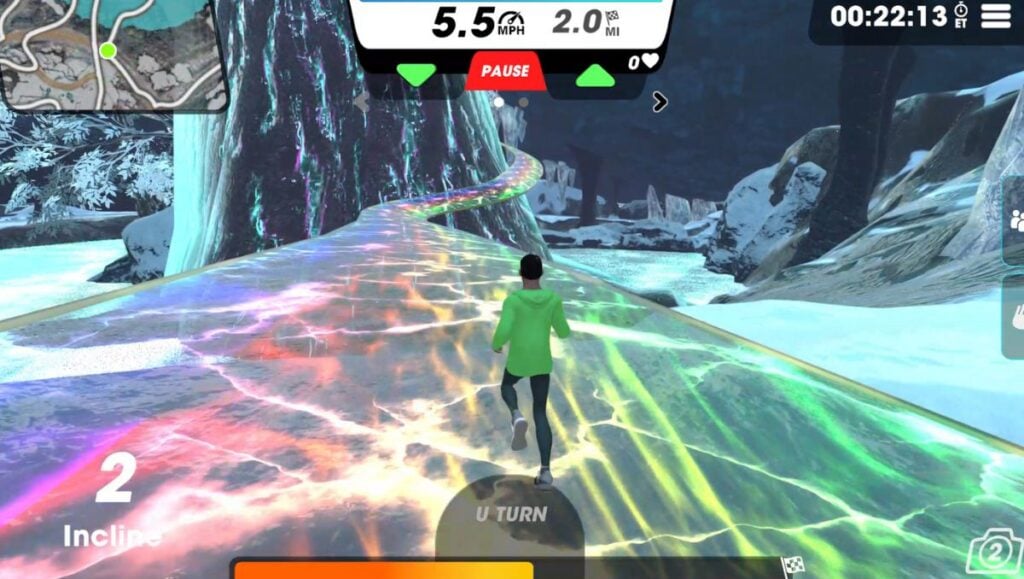 Running avatar in Vingo on the Frozen Sanctuary route on a rainbow bridge. 