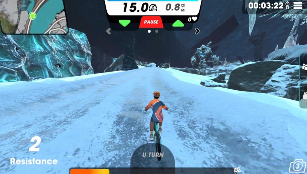 View of avatar in Ice Pioneer route in Vingo cycling next to ice monsters. 